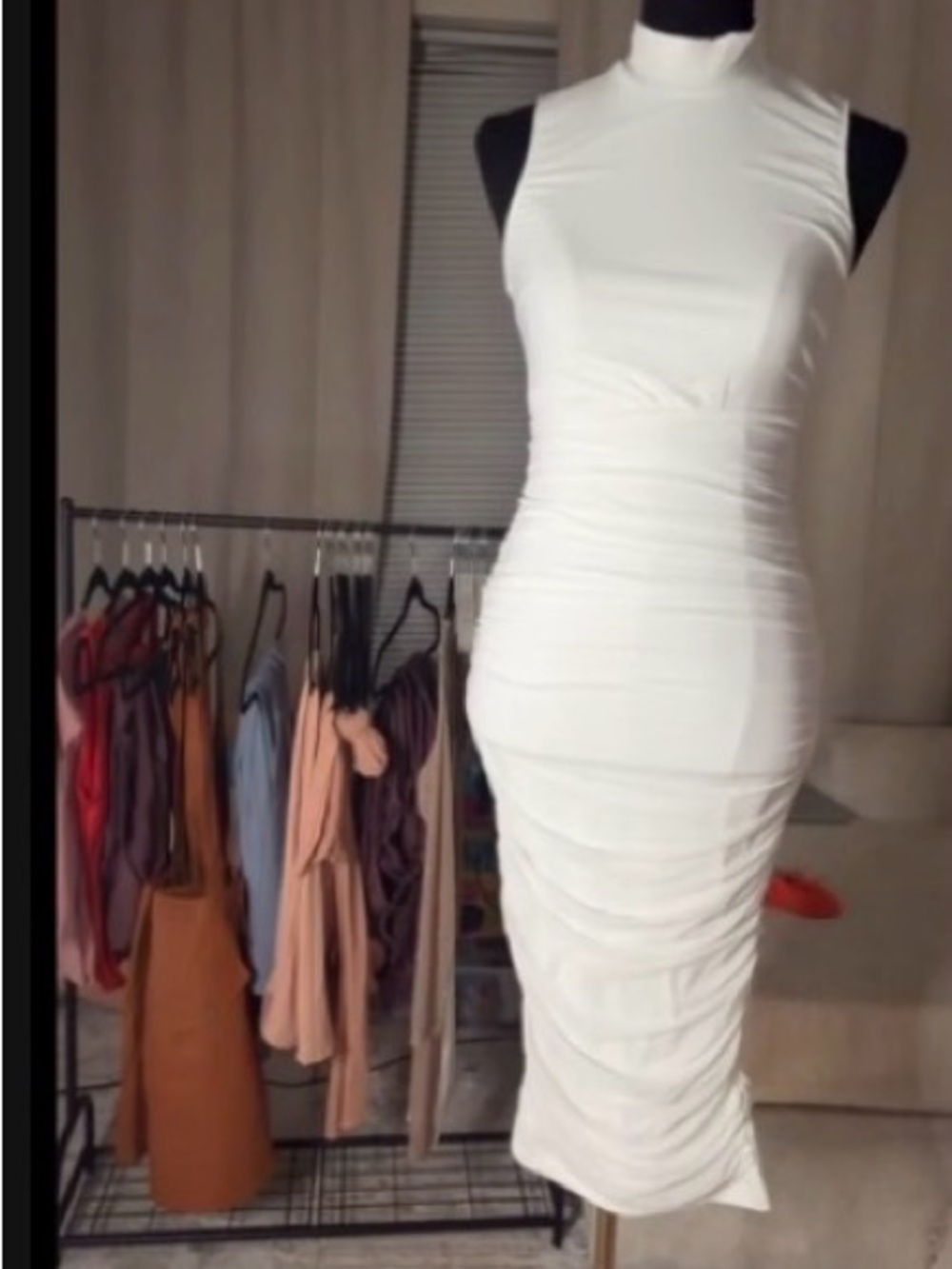 Sleeveless White Ruched High-Neck Midi Dress
